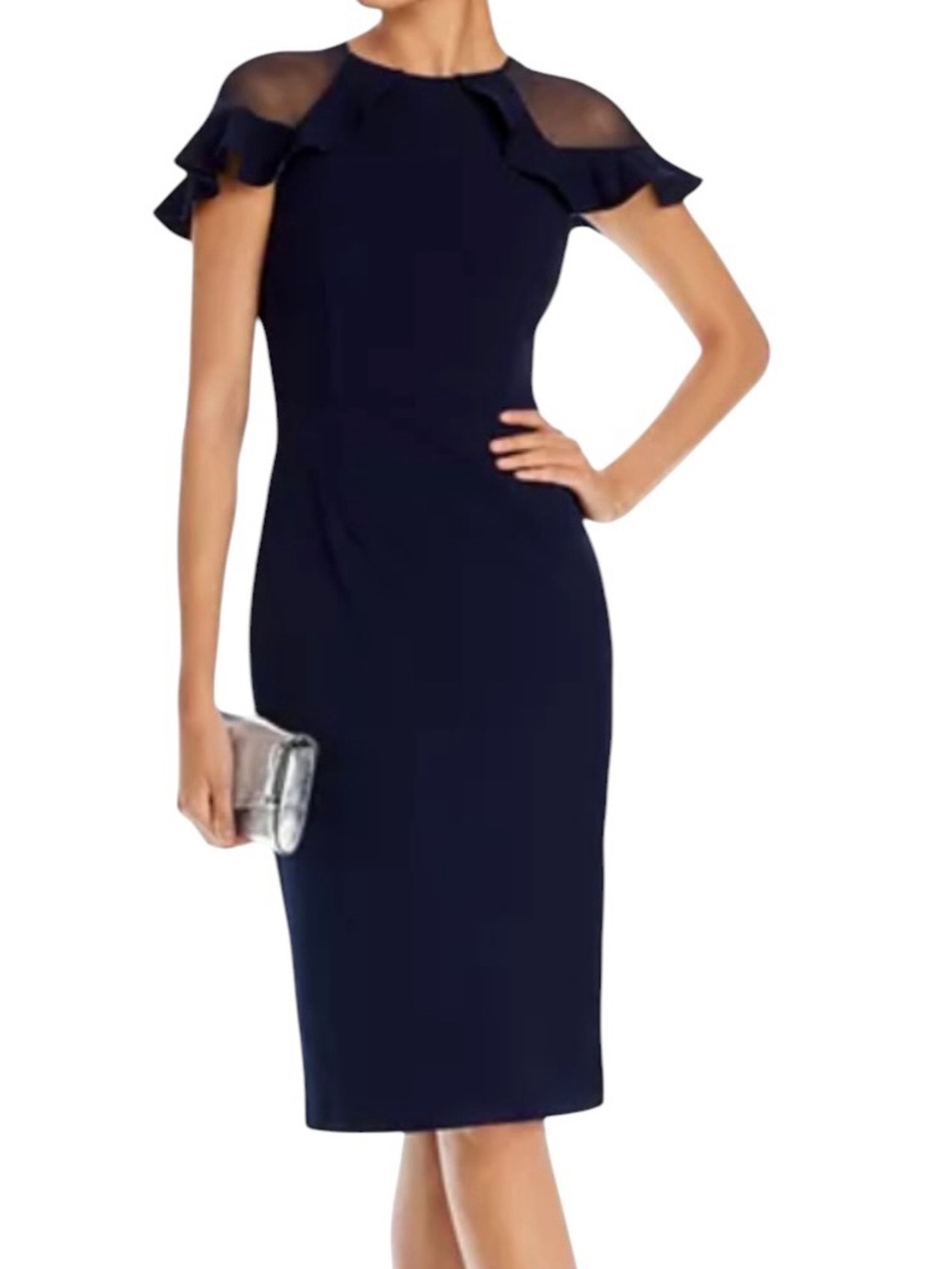 Women’s Navy Blue Sheath Dress Ruffle Sheer Sleeves Elegant Fitted New Eliza J 4
